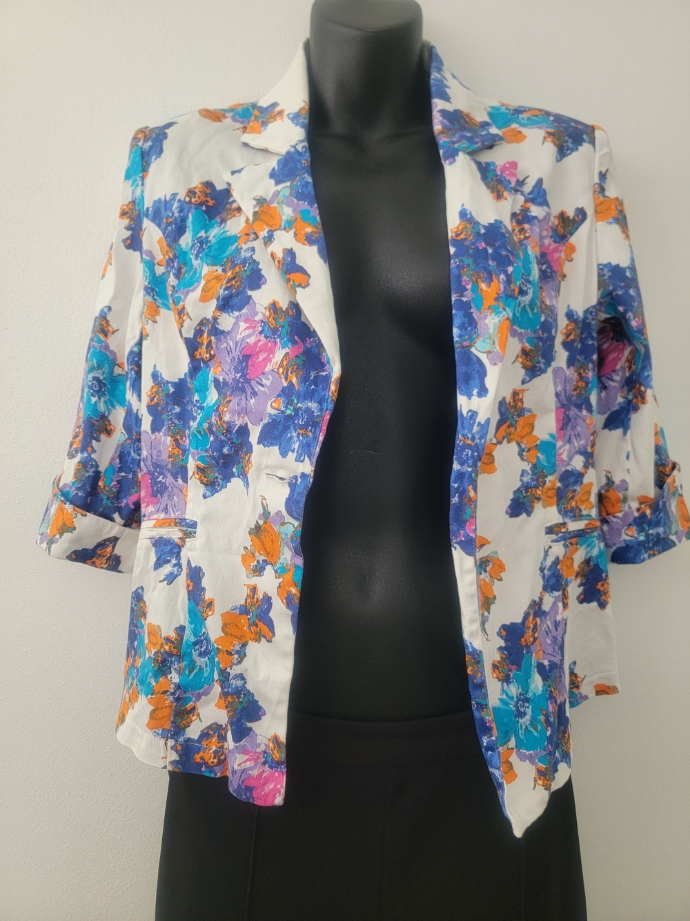 Women's Floral Lightweight Blazer Jacket - White with Blue & Orange